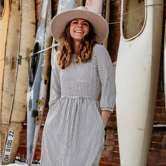 MEROKEETY Balloon Sleeve Striped Midi Shirt Dress Size 2XL/ 23" pit to pit - Picture 1 of 8